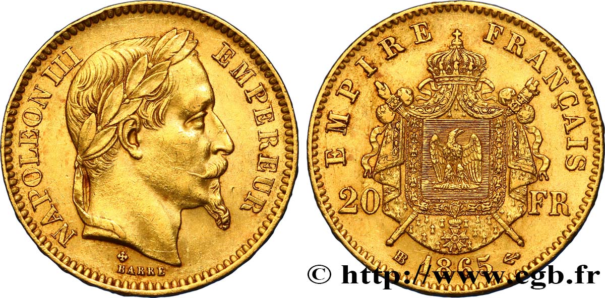 20 francs or Napoléon III, tête laurée 1865 Strasbourg F.532/12 TTB50 