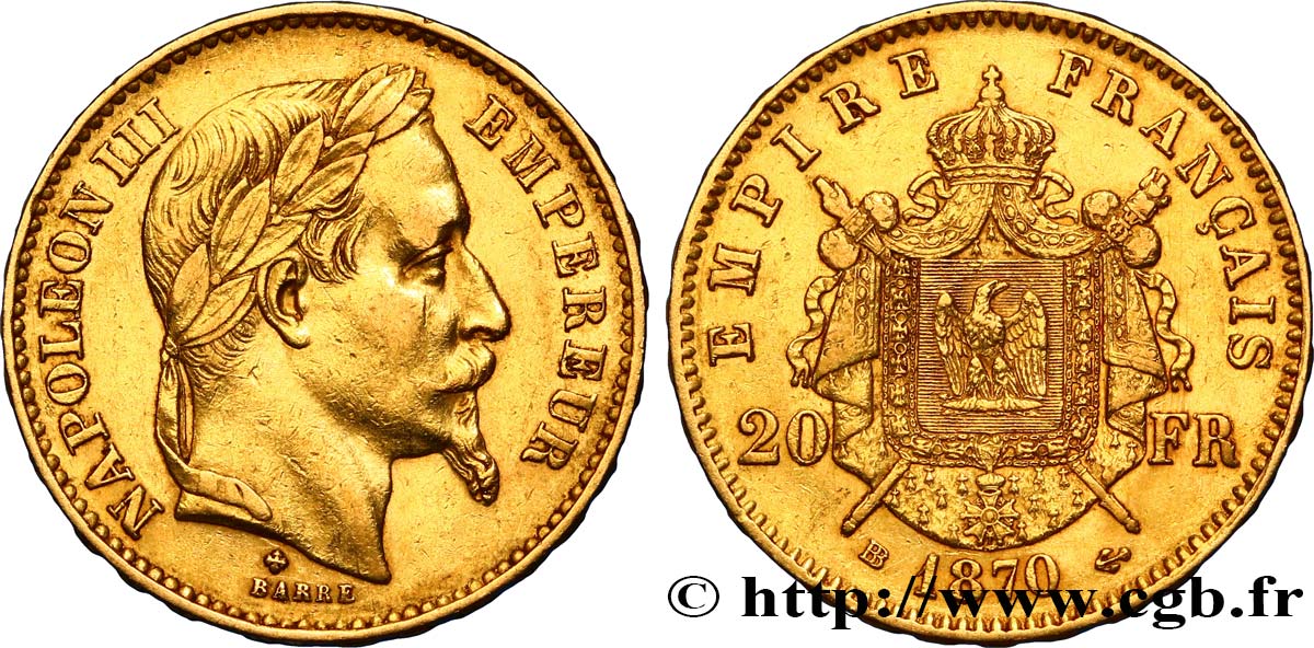 20 francs or Napoléon III, tête laurée 1870 Strasbourg F.532/24 XF48 