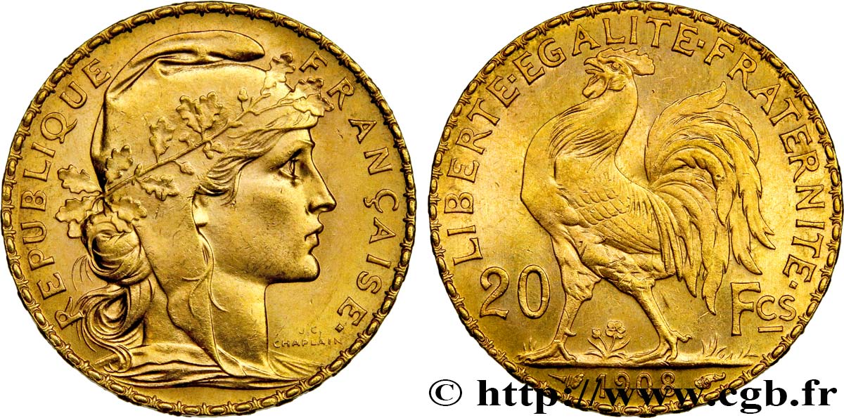 20 francs or Coq, Liberté Égalité Fraternité 1908 Paris F.535/2 SUP60 