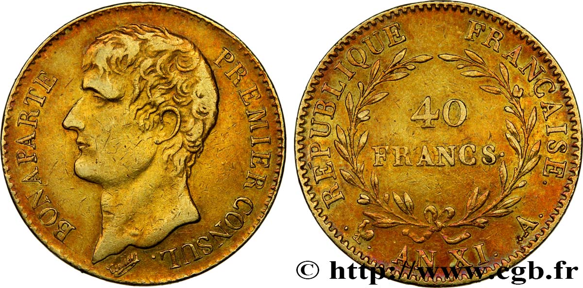 40 francs or Bonaparte Premier Consul 1803 Paris F.536/1 XF40 