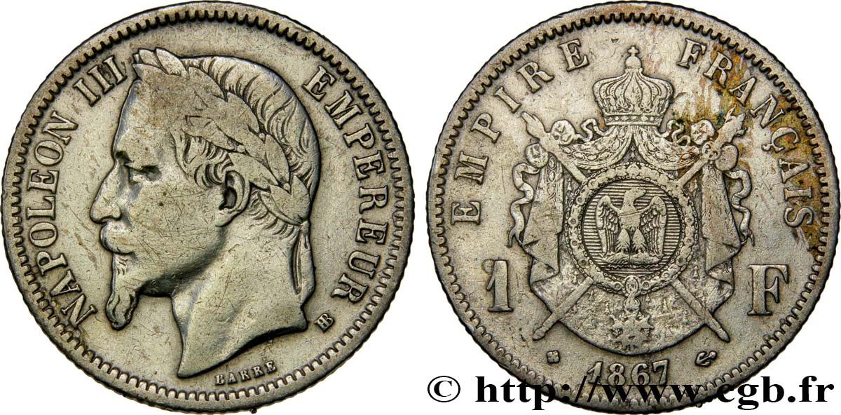 1 franc Napoléon III, tête laurée 1867 Strasbourg F.215/7 TB25