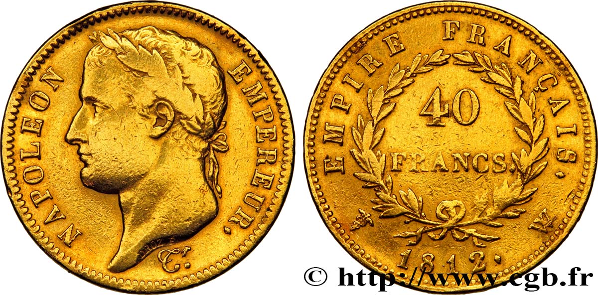 40 francs or Napoléon tête laurée, Empire français 1812 Lille F.541/10 TB+ 