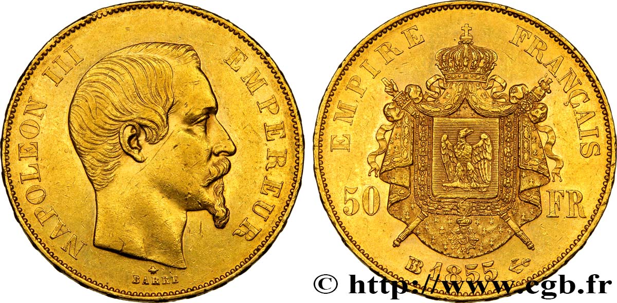 50 francs or Napoléon III, tête nue 1855 Strasbourg F.547/2 TTB50 
