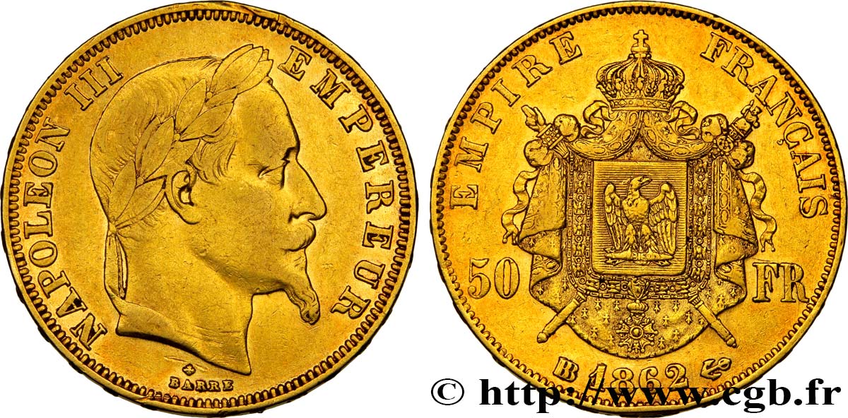 50 francs or Napoléon III, tête laurée 1862 Strasbourg F.548/2 TB35 