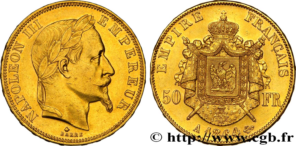 50 francs or Napoléon III, tête laurée 1864 Paris F.548/4 TTB50 