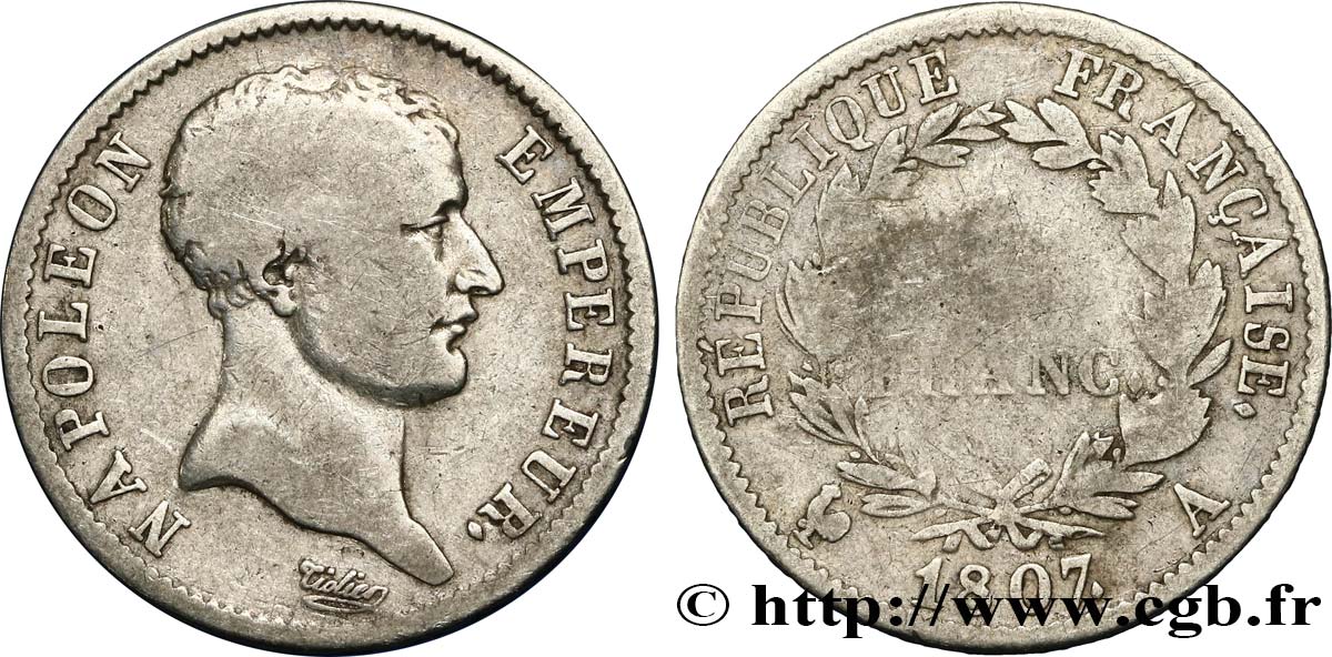 1 franc Napoléon Empereur, tête de nègre 1807 Paris F.203/1 VG10 