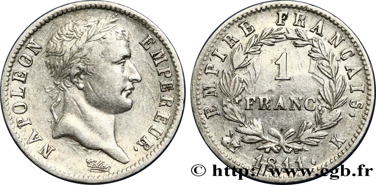 1 franc Napoléon Ier tête laurée, Empire français 1811 Bordeaux F.205/34 TTB40 