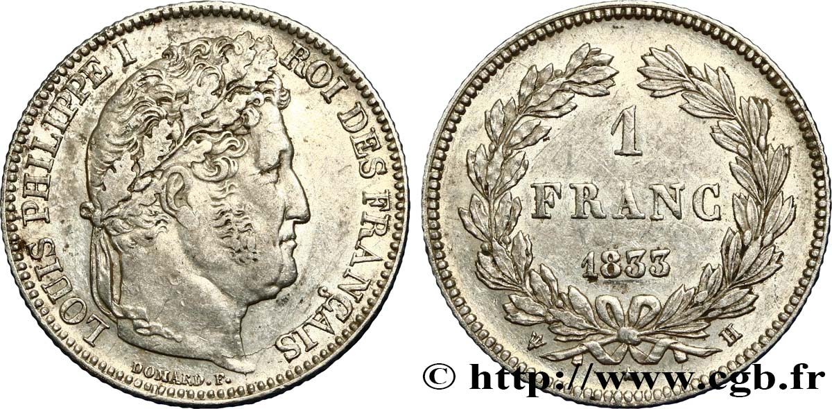 1 franc Louis-Philippe, couronne de chêne 1833 La Rochelle F.210/18 XF45 