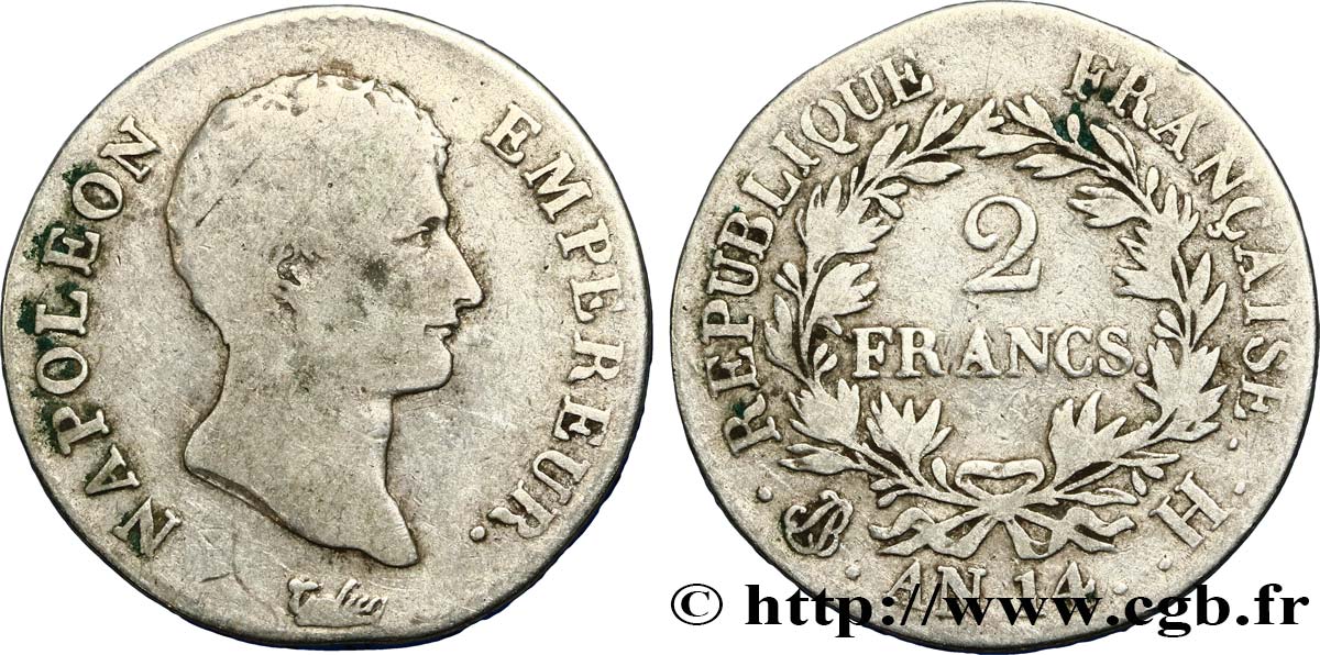 2 francs Napoléon empereur, calendrier révolutionnaire 1805 La Rochelle F.251/29 B12 