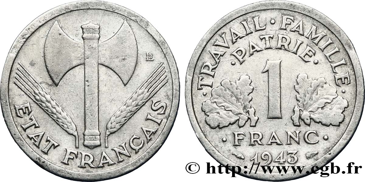 1 franc Francisque, légère, frappe médaille 1943 Paris F.223/3 var. TB20 