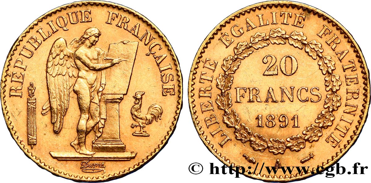 20 francs or Génie, IIIe République 1891 Paris F.533/15 TTB+ 