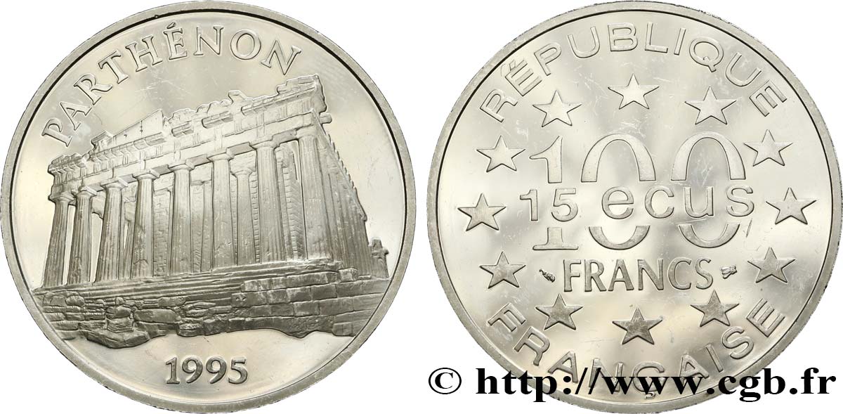 Belle Epreuve 15 écus / 100 francs - Parthénon (Athènes, Grèce) 1995  F./ AU 