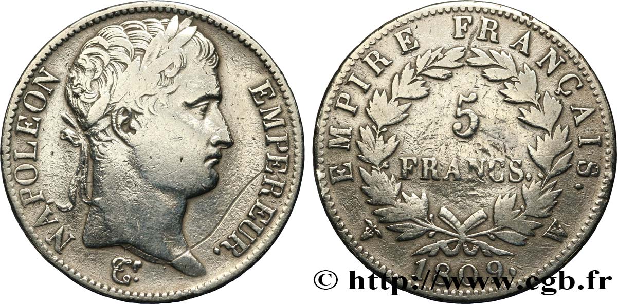 5 francs Napoléon Empereur, Empire français 1809 Lille F.307/13 TB 
