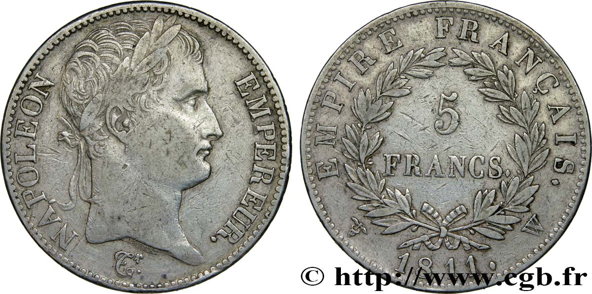 5 francs Napoléon Empereur, Empire français 1811 Lille F.307/40 TB35 