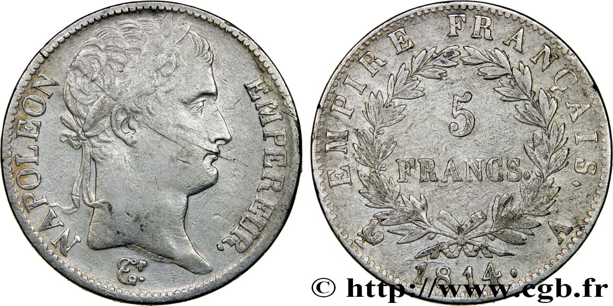 5 francs Napoléon Empereur, Empire français 1814 Paris F.307/76 MB 