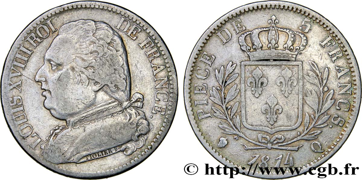 5 francs Louis XVIII, buste habillé 1814 Perpignan F.308/11 TB30 