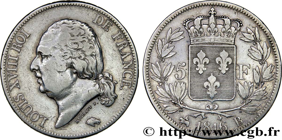 5 francs Louis XVIII, tête nue 1816 Rouen F.309/2 TB25 