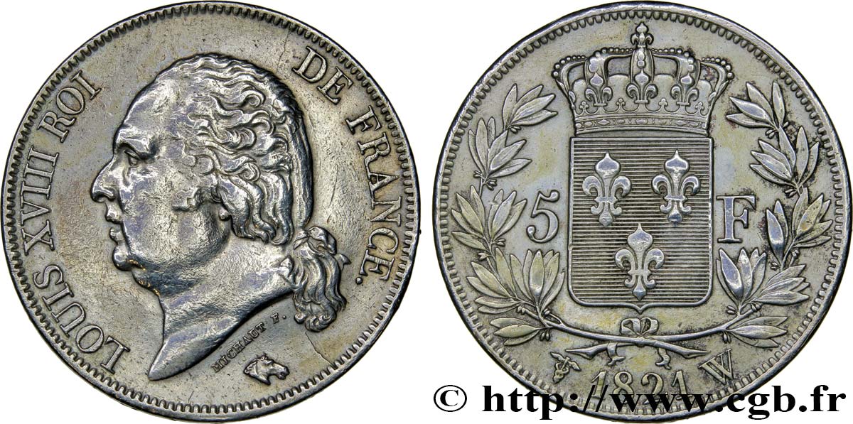 5 francs Louis XVIII, tête nue 1821 Lille F.309/67 XF 