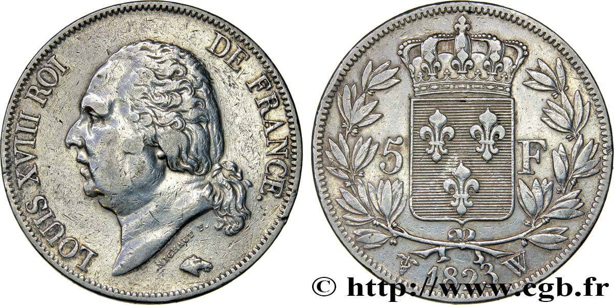 5 francs Louis XVIII, tête nue 1823 Lille F.309/87 XF40 