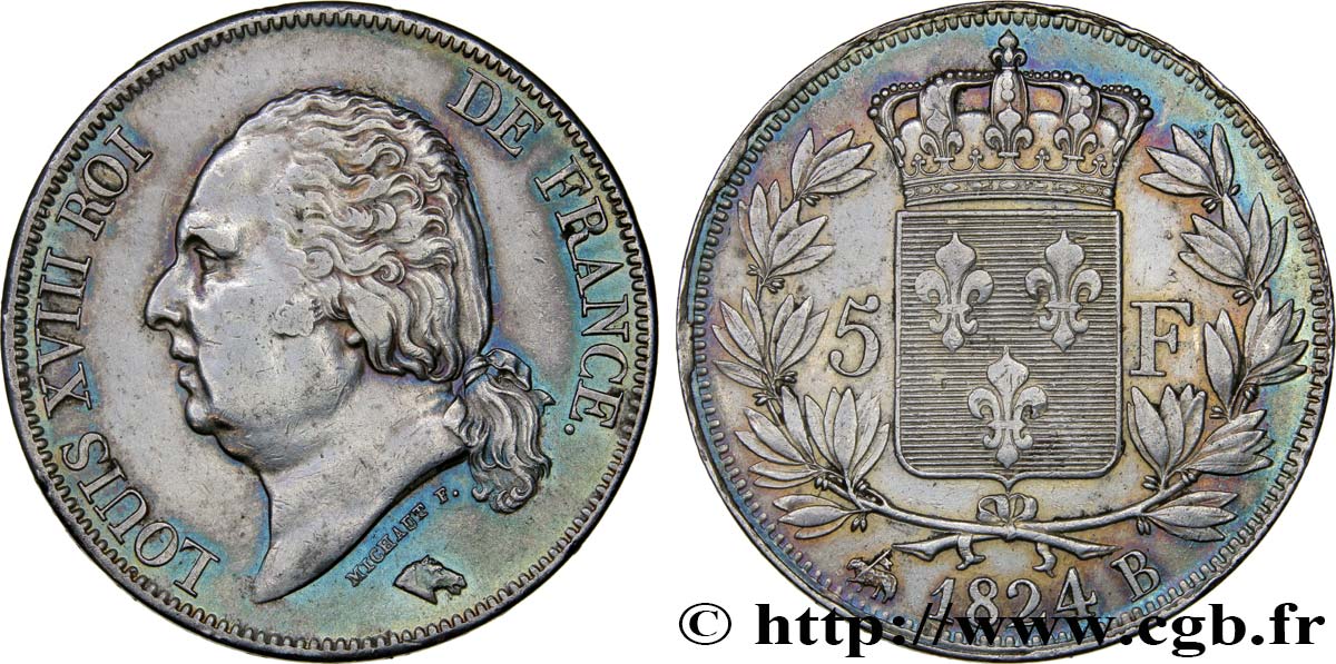 5 francs Louis XVIII, tête nue 1824 Rouen F.309/89 AU50 