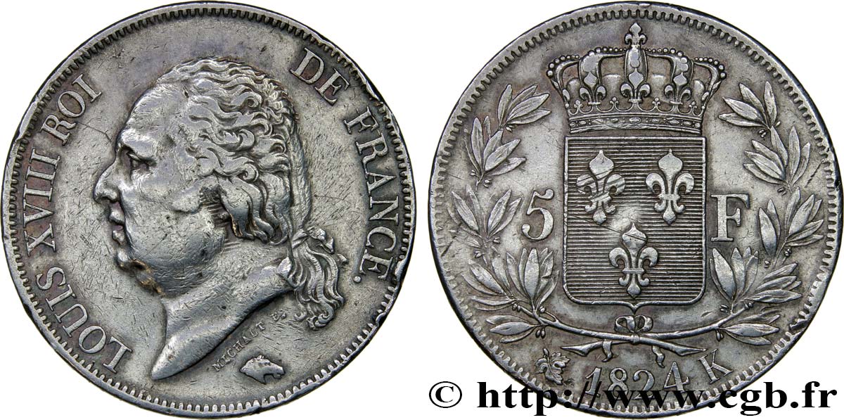 5 francs Louis XVIII, tête nue 1824 Bordeaux F.309/93 MBC40 