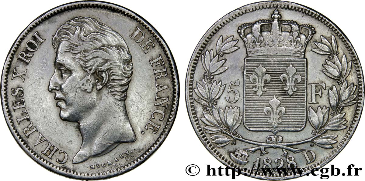 5 francs Charles X, 2e type 1828 Lyon F.311/17 XF40 