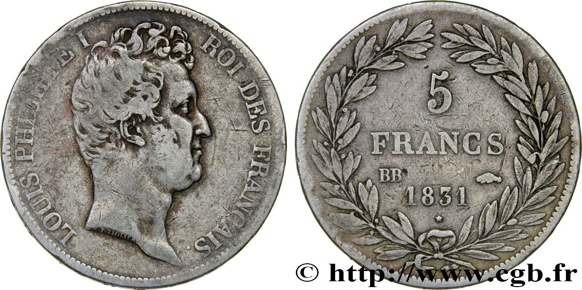 5 francs type Tiolier avec le I, tranche en creux 1831 Strasbourg F.315/16 TB30 