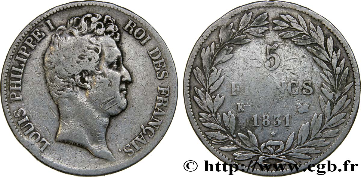 5 francs type Tiolier avec le I, tranche en creux 1831 Bordeaux F.315/20 BC25 