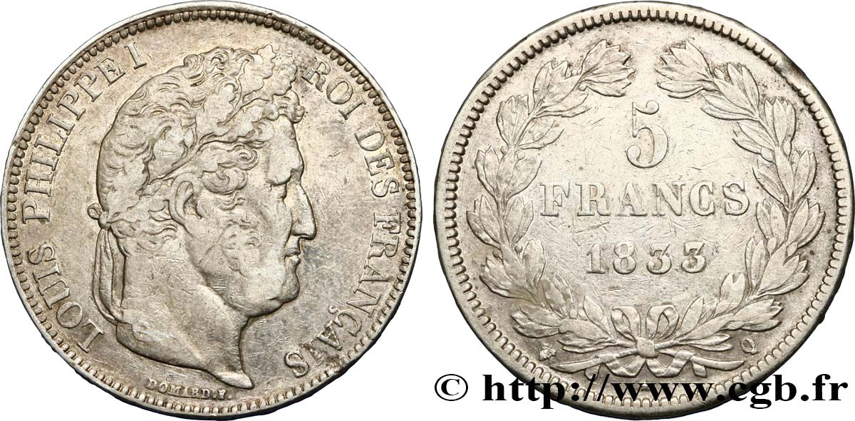 5 francs IIe type Domard 1833 Perpignan F.324/25 VF35 