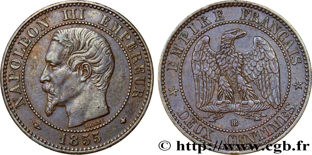 Deux centimes Napoléon III, tête nue 1855 Strasbourg F.107/23 MBC48 