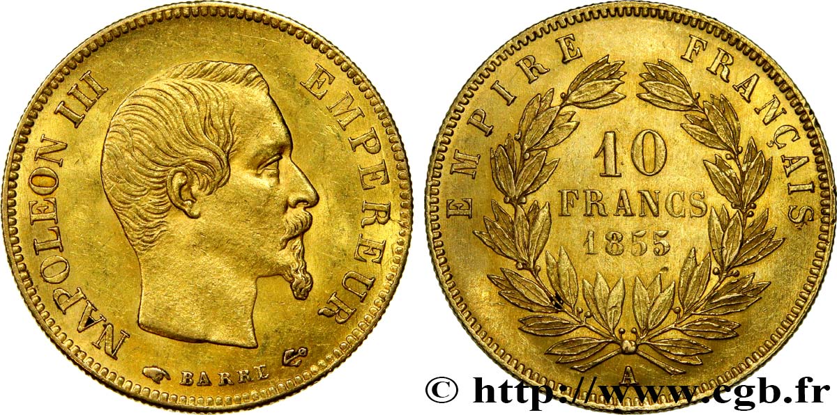 10 francs or Napoléon III, tête nue, grand module 1855 Paris F.506/1 EBC55 