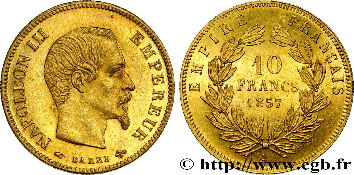 10 francs or Napoléon III, tête nue 1857 Paris F.506/4 SUP58 