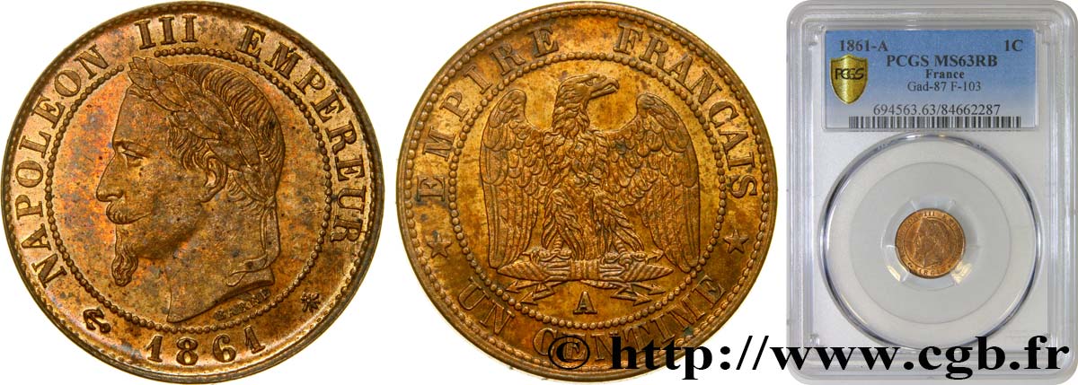 Un centime Napoléon III, tête laurée 1861 Paris F.103/1 MS63 PCGS