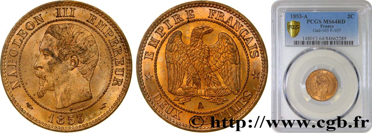 Deux centimes Napoléon III, tête nue 1853 Paris F.107/1 MS64 PCGS