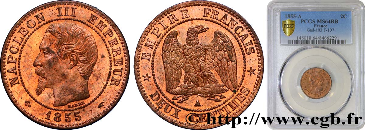 Deux centimes Napoléon III, tête nue 1855 Paris F.107/20 SPL64 PCGS