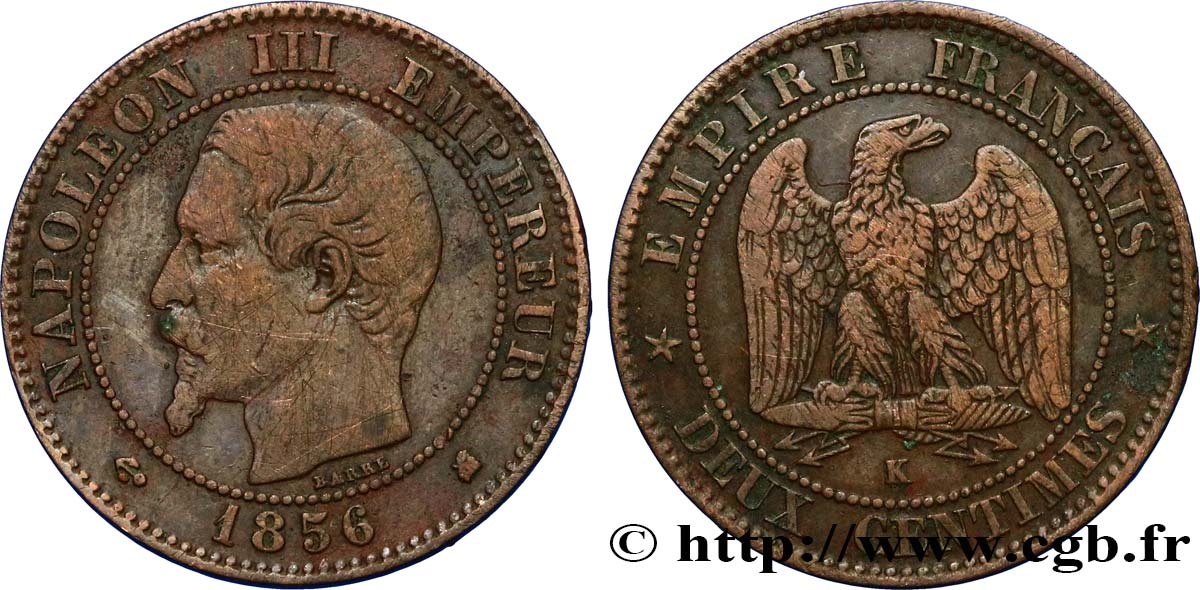Deux centimes Napoléon III, tête nue 1856 Bordeaux F.107/41 MB30 