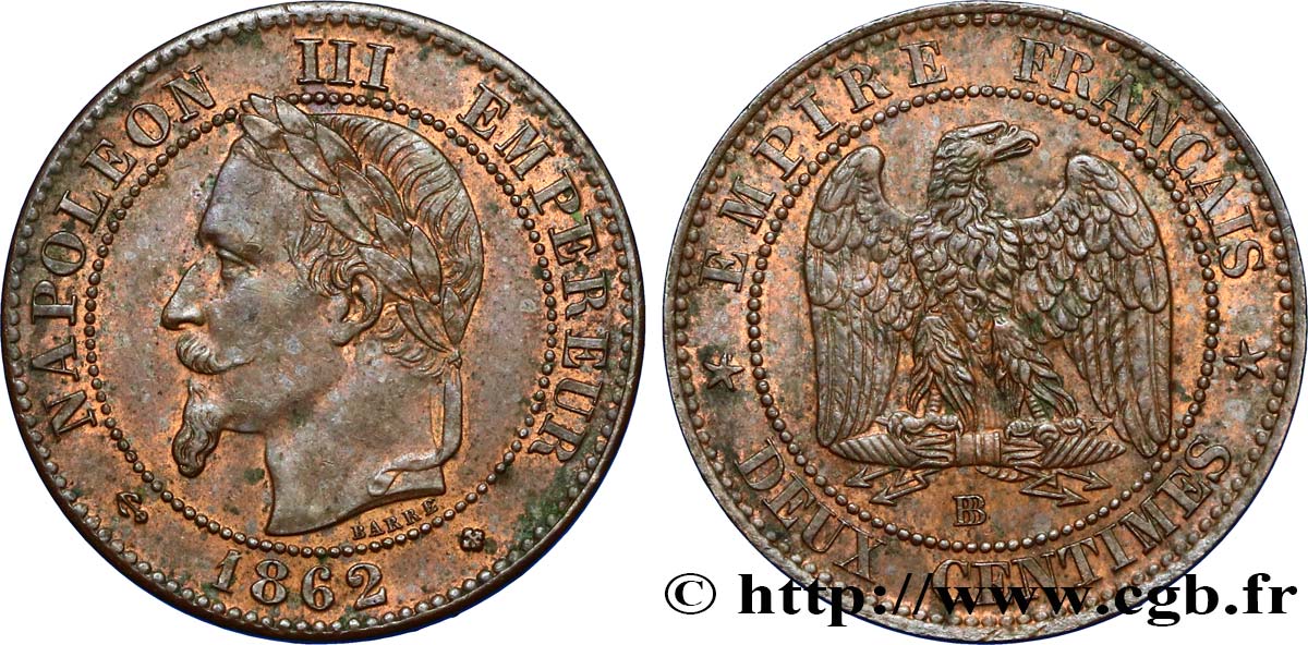 Deux centimes Napoléon III, tête laurée 1862 Strasbourg F.108A/6 AU52 