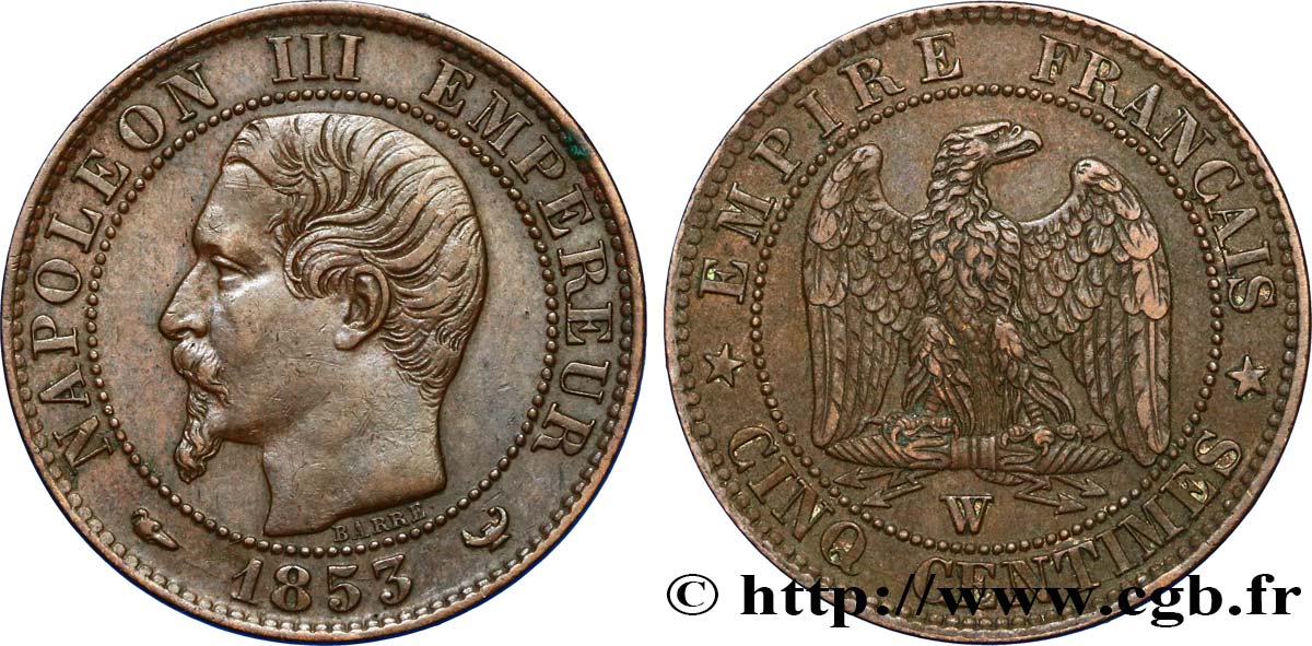 Cinq centimes Napoléon III, tête nue 1853 Lille F.116/7 AU50 