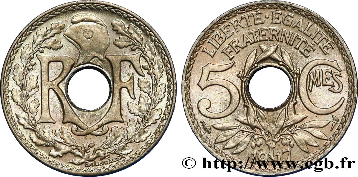 5 centimes Lindauer, grand module 1917 Paris F.121/1 MS62 