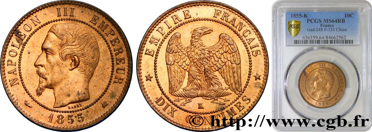 Dix centimes Napoléon III, tête nue 1855 Bordeaux F.133/27 fST64 PCGS