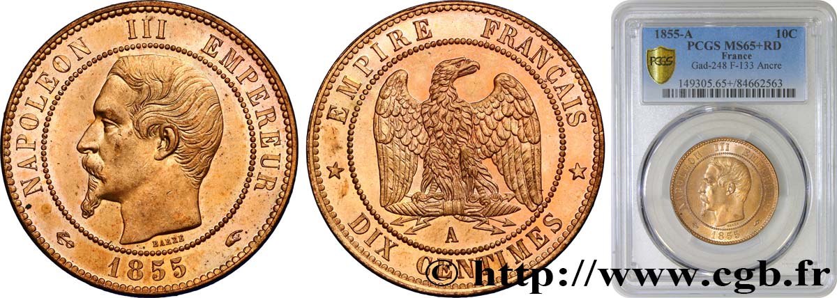 Dix centimes Napoléon III, tête nue 1855 Paris F.133/20 ST65 PCGS