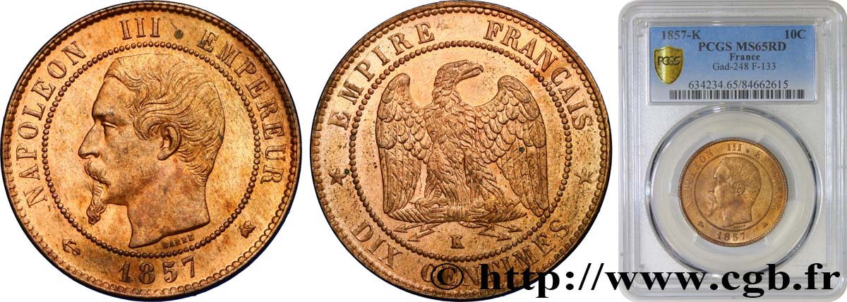 Dix centimes Napoléon III, tête nue 1857 Bordeaux F.133/44 FDC65 PCGS
