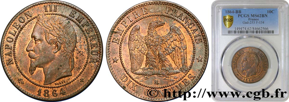 Dix centimes Napoléon III, tête laurée 1864 Strasbourg F.134/14 SUP62 PCGS