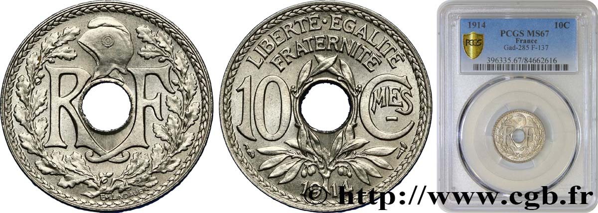 10 centimes Lindauer, Cmes souligné 1914 Paris F.137/2 ST67 PCGS