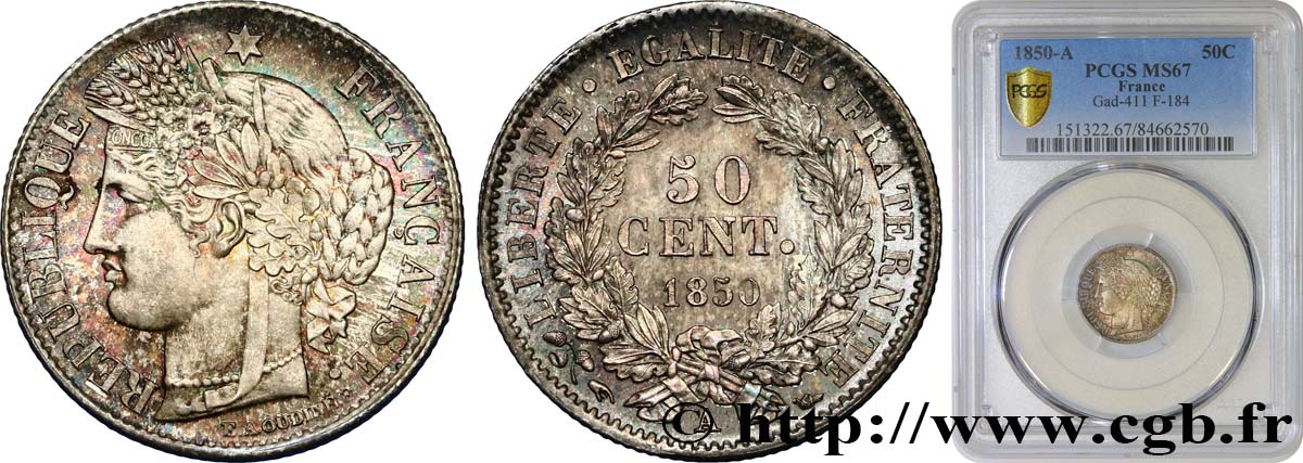 50 centimes Cérès, IIe République 1850 Paris F.184/2 FDC67 PCGS