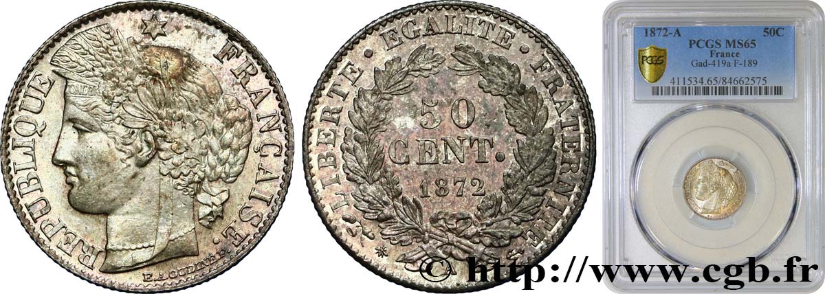 50 centimes Cérès, IIIe République 1872 Paris F.189/3 MS65 PCGS