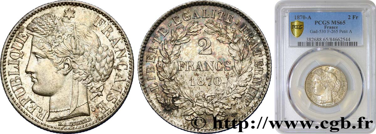 2 francs Cérès, avec légende 1870 Paris F.265/2 MS65 PCGS
