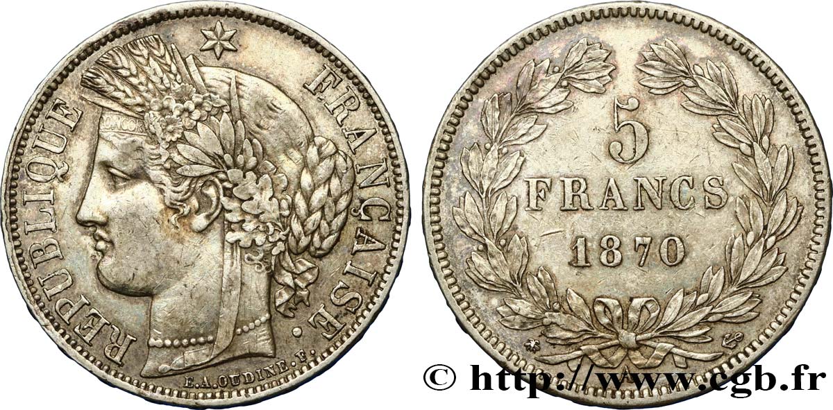 5 francs Cérès, sans légende 1870 Paris F.332/1 TTB50 