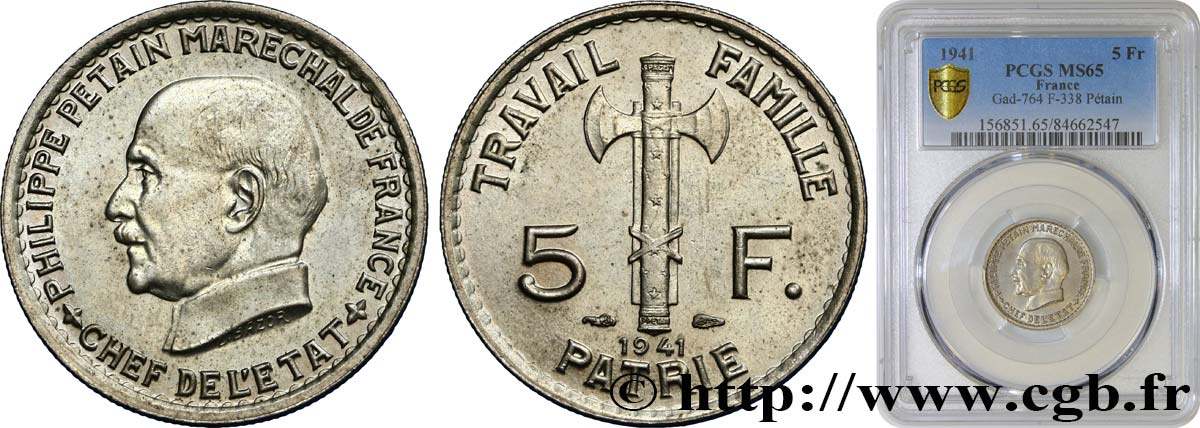 5 francs Pétain 1941  F.338/2 FDC65 PCGS
