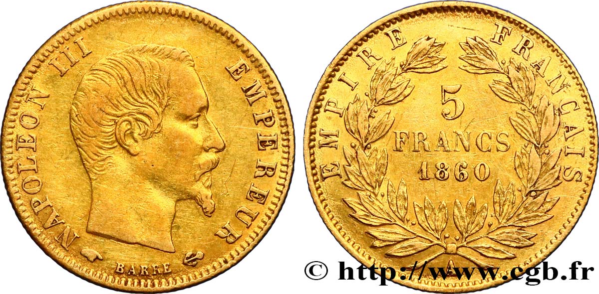 5 francs or Napoléon III, tête nue, grand module 1860 Paris F.501/10 BB45 